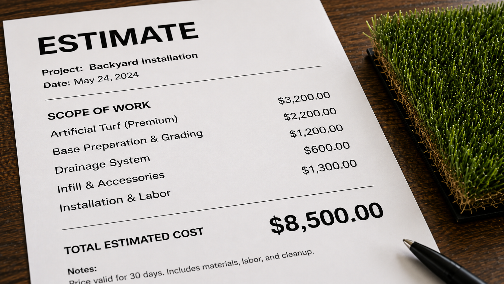 Detailed turf installation estimate breakdown with sample swatch and pen